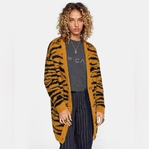 Rvca Sweater Orange Brown Wild Side Cardigan Fuzzy Sweater Size Medium